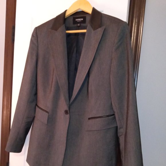 Express Leather Trimmed Gray and Black Stretch Blazer - Picture 1 of 12
